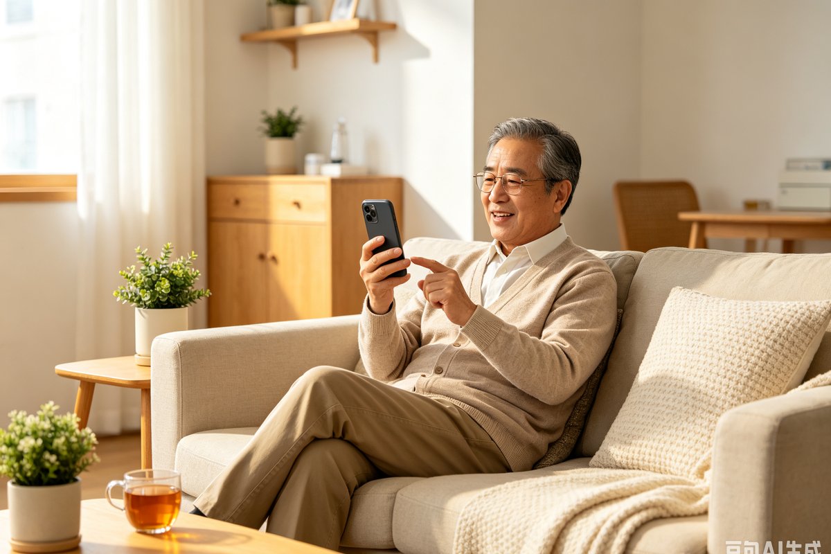 中老年人在温馨客厅沙发上通过手机与 AI 健康管家对话