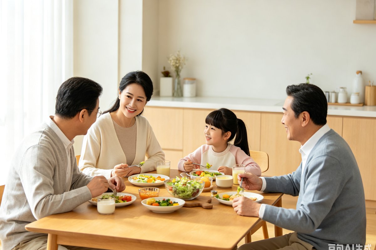 一家四代人围坐在餐桌前一起关注健康饮食
